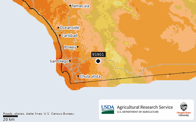 2023 USDA Plant Hardiness Zone Map around ZIP 91901, marker at Alpine, CA