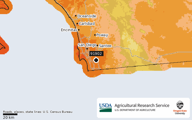 2023 USDA Plant Hardiness Zone Map around ZIP 91902, marker at Bonita, CA