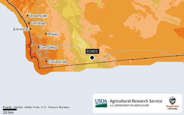 2023 USDA Plant Hardiness Zone Map around ZIP 91905, marker at Boulevard, CA