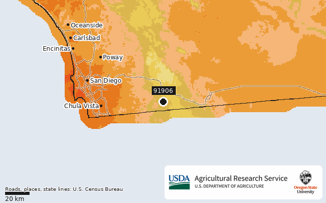 2023 USDA Plant Hardiness Zone Map around ZIP 91906, marker at Campo, CA