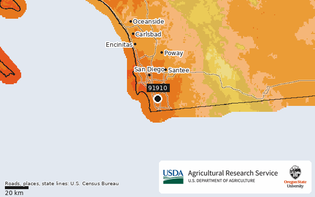2023 USDA Plant Hardiness Zone Map around ZIP 91910, marker at Chula Vista, CA