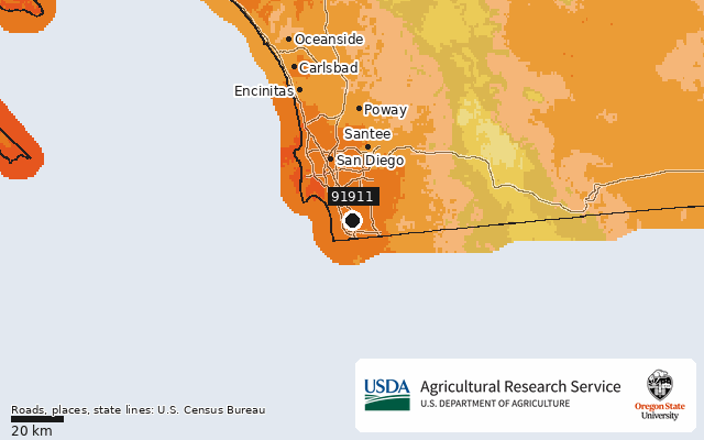 2023 USDA Plant Hardiness Zone Map around ZIP 91911, marker at Chula Vista, CA