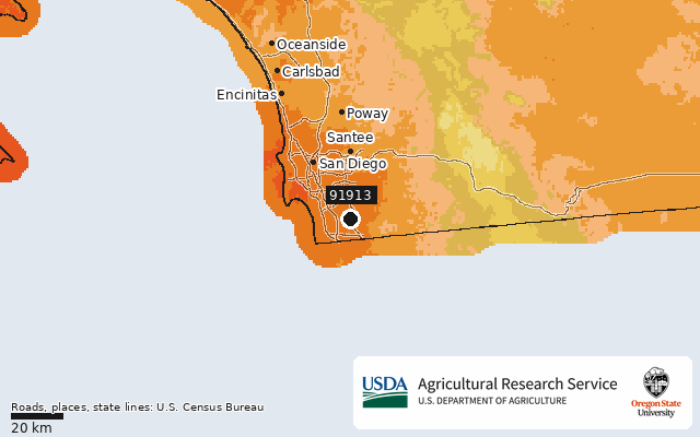 2023 USDA Plant Hardiness Zone Map around ZIP 91913, marker at Chula Vista, CA