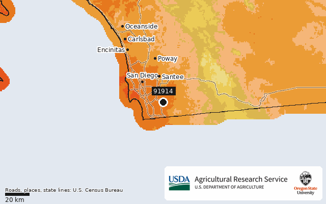 2023 USDA Plant Hardiness Zone Map around ZIP 91914, marker at Chula Vista, CA