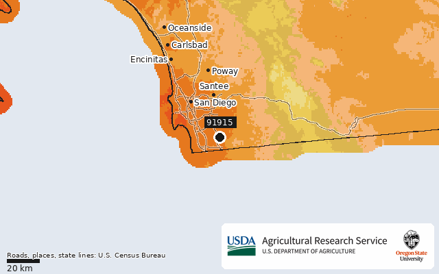 2023 USDA Plant Hardiness Zone Map around ZIP 91915, marker at Chula Vista, CA