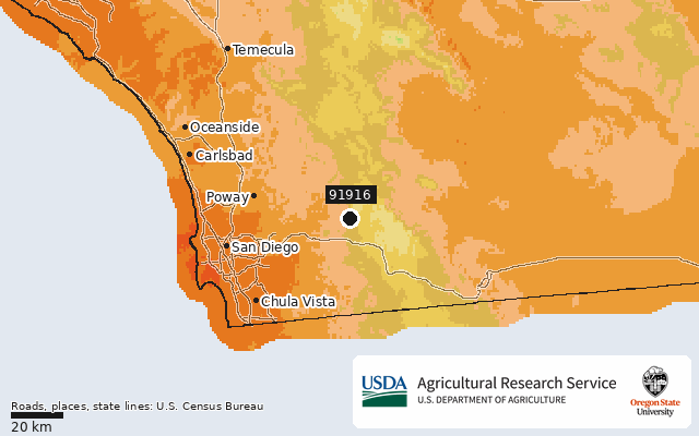 2023 USDA Plant Hardiness Zone Map around ZIP 91916, marker at Descanso, CA