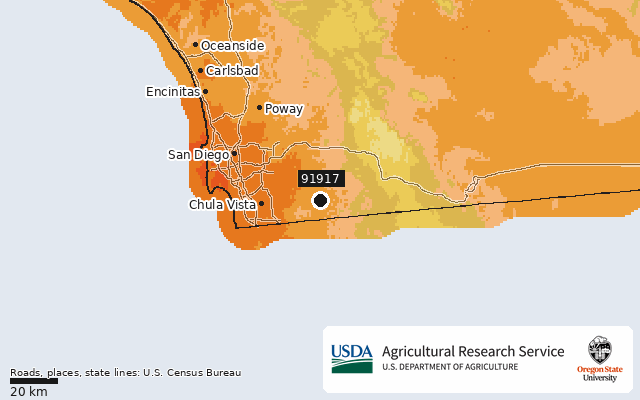 2023 USDA Plant Hardiness Zone Map around ZIP 91917, marker at Dulzura, CA