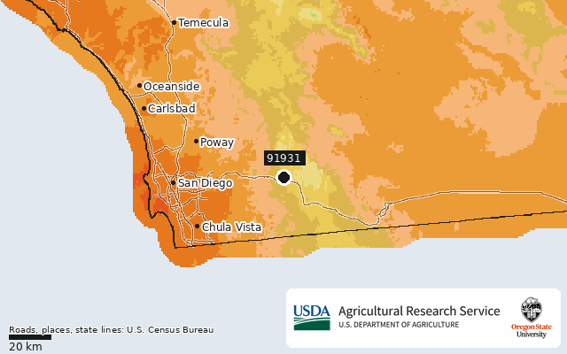 2023 USDA Plant Hardiness Zone Map around ZIP 91931, marker at Guatay, CA