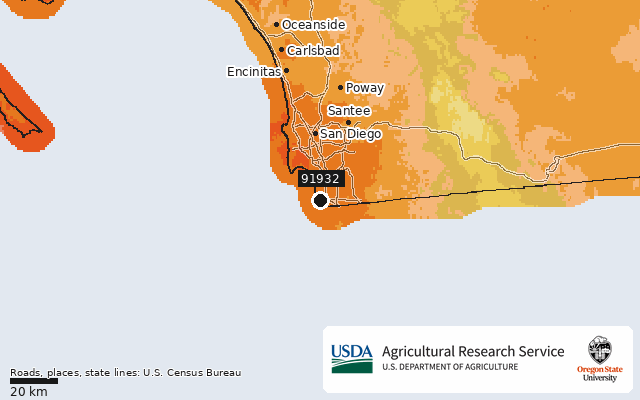 2023 USDA Plant Hardiness Zone Map around ZIP 91932, marker at Imperial Beach, CA