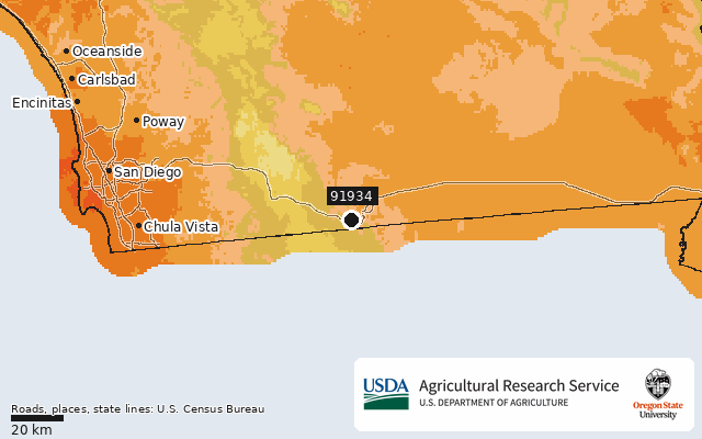2023 USDA Plant Hardiness Zone Map around ZIP 91934, marker at Jacumba, CA