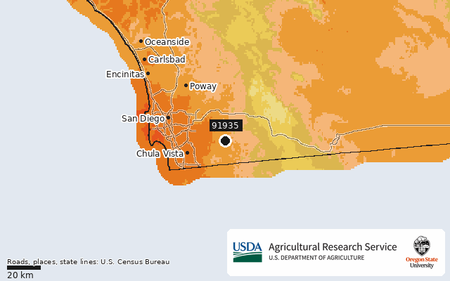 2023 USDA Plant Hardiness Zone Map around ZIP 91935, marker at Jamul, CA