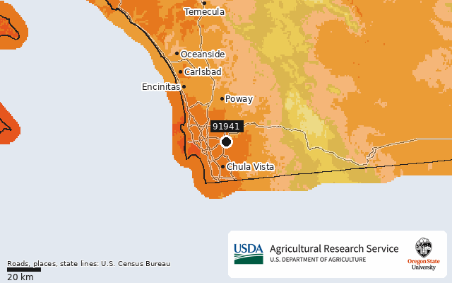 2023 USDA Plant Hardiness Zone Map around ZIP 91941, marker at La Mesa, CA