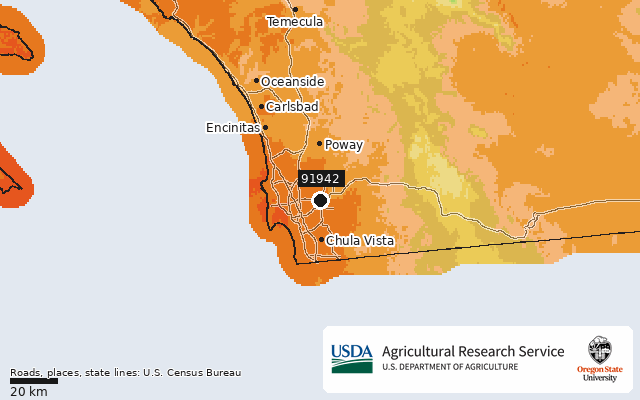 2023 USDA Plant Hardiness Zone Map around ZIP 91942, marker at La Mesa, CA