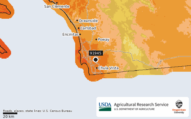 2023 USDA Plant Hardiness Zone Map around ZIP 91945, marker at Lemon Grove, CA