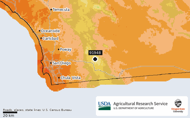 2023 USDA Plant Hardiness Zone Map around ZIP 91948, marker at Mount Laguna, CA