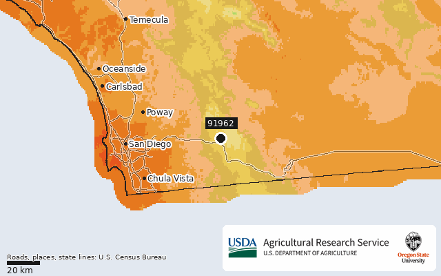 2023 USDA Plant Hardiness Zone Map around ZIP 91962, marker at Pine Valley, CA