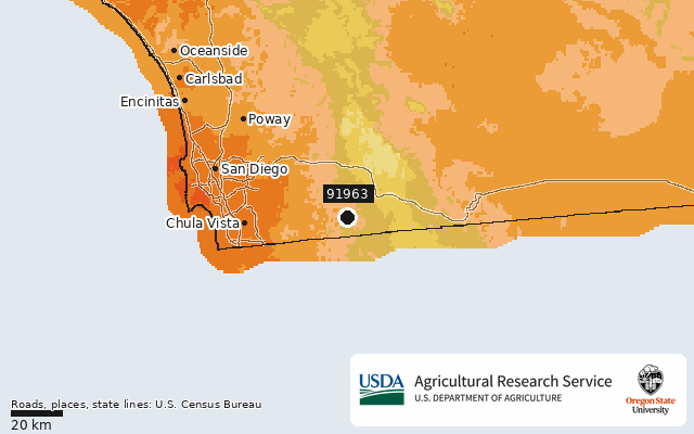 2023 USDA Plant Hardiness Zone Map around ZIP 91963, marker at Potrero, CA