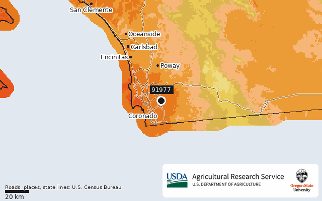 2023 USDA Plant Hardiness Zone Map around ZIP 91977, marker at Spring Valley, CA