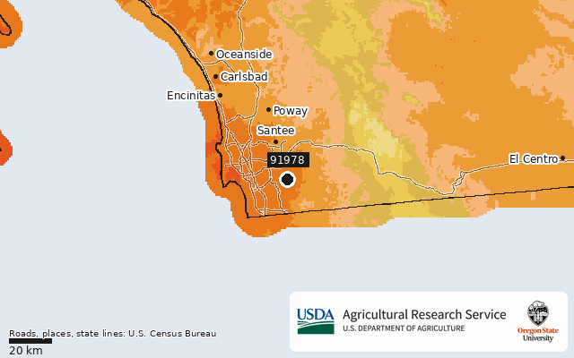 2023 USDA Plant Hardiness Zone Map around ZIP 91978, marker at Spring Valley, CA