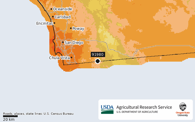 2023 USDA Plant Hardiness Zone Map around ZIP 91980, marker at Tecate, CA