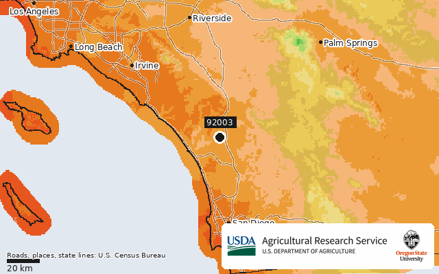2023 USDA Plant Hardiness Zone Map around ZIP 92003, marker at Bonsall, CA