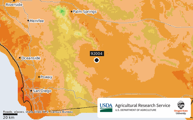 2023 USDA Plant Hardiness Zone Map around ZIP 92004, marker at Borrego Springs, CA