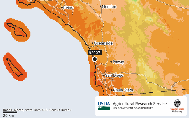 2023 USDA Plant Hardiness Zone Map around ZIP 92007, marker at Cardiff By The Sea, CA