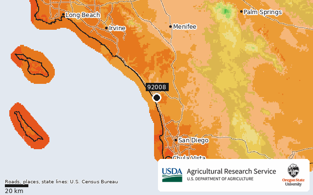 2023 USDA Plant Hardiness Zone Map around ZIP 92008, marker at Carlsbad, CA