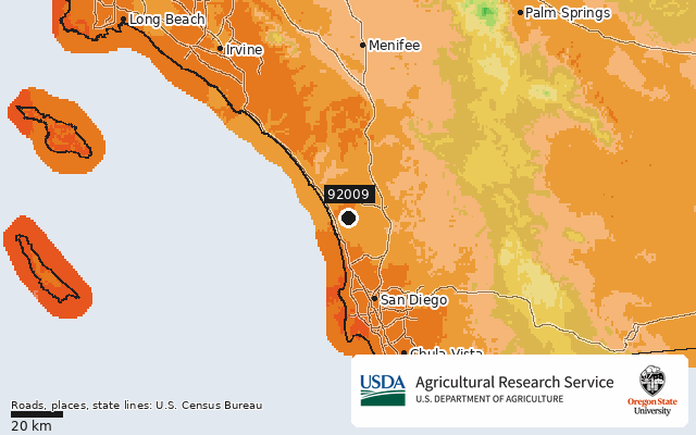 2023 USDA Plant Hardiness Zone Map around ZIP 92009, marker at Carlsbad, CA