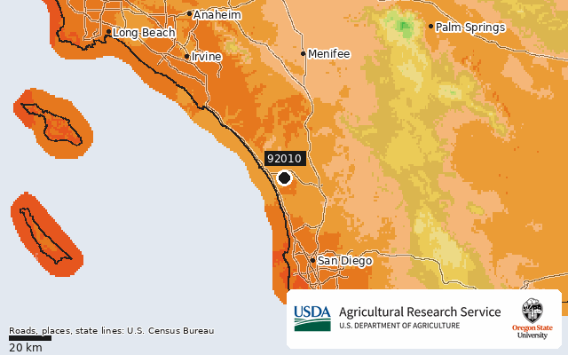 2023 USDA Plant Hardiness Zone Map around ZIP 92010, marker at Carlsbad, CA