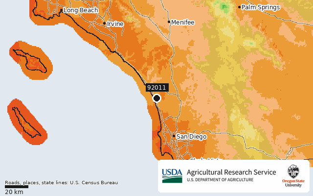 2023 USDA Plant Hardiness Zone Map around ZIP 92011, marker at Carlsbad, CA