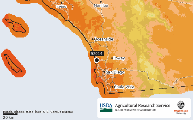2023 USDA Plant Hardiness Zone Map around ZIP 92014, marker at Del Mar, CA