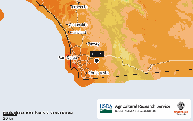 2023 USDA Plant Hardiness Zone Map around ZIP 92019, marker at El Cajon, CA