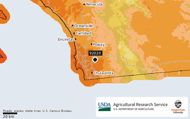 2023 USDA Plant Hardiness Zone Map around ZIP 92020, marker at El Cajon, CA