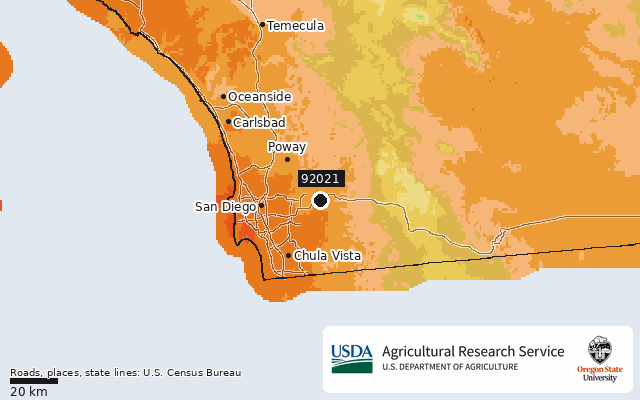 2023 USDA Plant Hardiness Zone Map around ZIP 92021, marker at El Cajon, CA