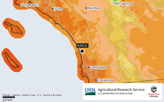 2023 USDA Plant Hardiness Zone Map around ZIP 92024, marker at Encinitas, CA