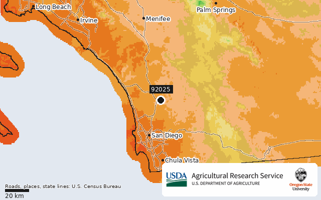 2023 USDA Plant Hardiness Zone Map around ZIP 92025, marker at Escondido, CA