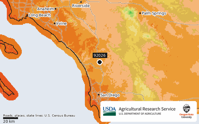 2023 USDA Plant Hardiness Zone Map around ZIP 92026, marker at Escondido, CA