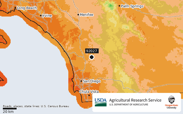 2023 USDA Plant Hardiness Zone Map around ZIP 92027, marker at Escondido, CA