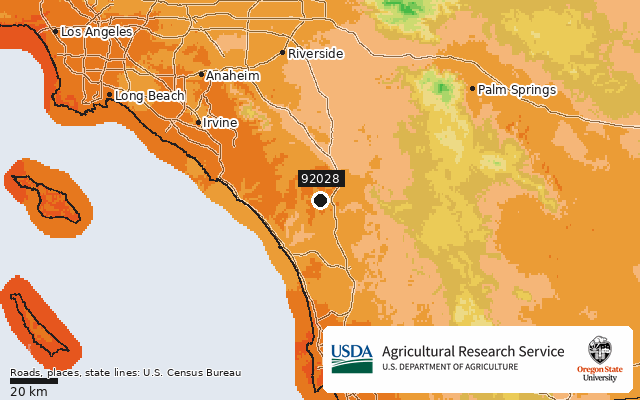 2023 USDA Plant Hardiness Zone Map around ZIP 92028, marker at Fallbrook, CA