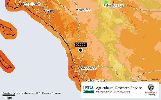 2023 USDA Plant Hardiness Zone Map around ZIP 92029, marker at Escondido, CA