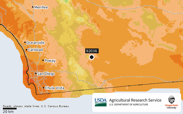 2023 USDA Plant Hardiness Zone Map around ZIP 92036, marker at Julian, CA