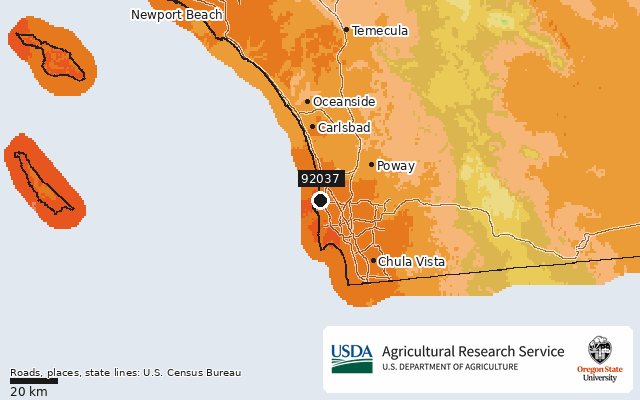 2023 USDA Plant Hardiness Zone Map around ZIP 92037, marker at La Jolla, CA