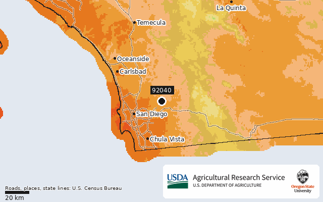 2023 USDA Plant Hardiness Zone Map around ZIP 92040, marker at Lakeside, CA