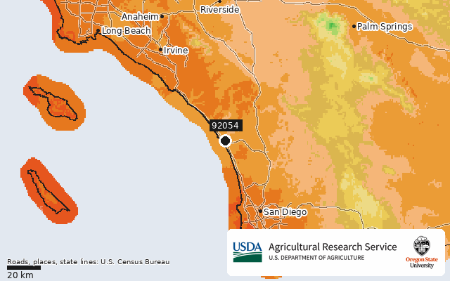 2023 USDA Plant Hardiness Zone Map around ZIP 92054, marker at Oceanside, CA