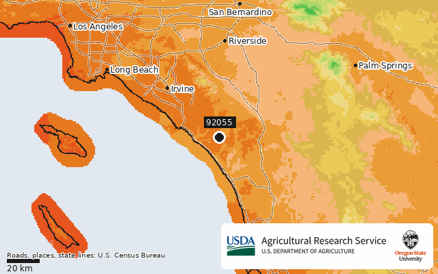 2023 USDA Plant Hardiness Zone Map around ZIP 92055, marker at Camp Pendleton, CA