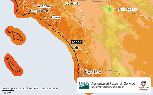 2023 USDA Plant Hardiness Zone Map around ZIP 92056, marker at Oceanside, CA