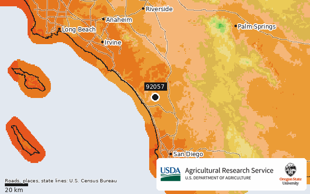 2023 USDA Plant Hardiness Zone Map around ZIP 92057, marker at Oceanside, CA
