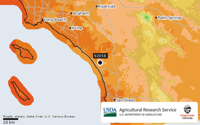 2023 USDA Plant Hardiness Zone Map around ZIP 92058, marker at Oceanside, CA