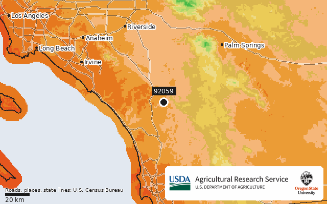 2023 USDA Plant Hardiness Zone Map around ZIP 92059, marker at Pala, CA